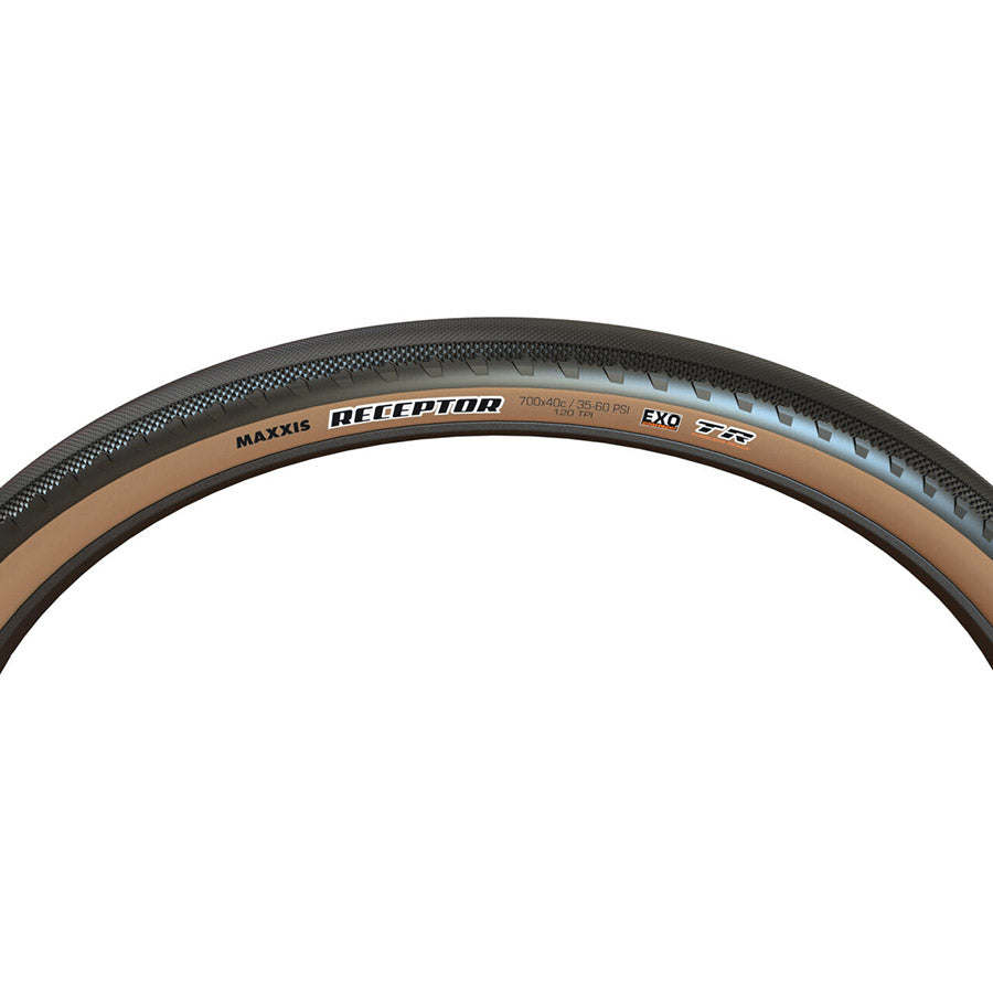 Maxxis, Receptor, Gravel Tire, 700x40C, Folding, Tubeless Ready, Dual, EXO, 120TPI, Tanwall
