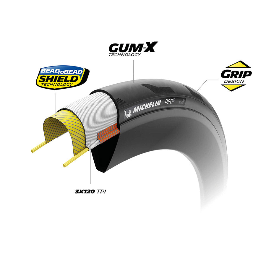 Michelin, PRO5 TLR, Road Tire, 700x35C, Folding, Tubeless Ready, GUM-X, Bead2Bead, 3x120, Black