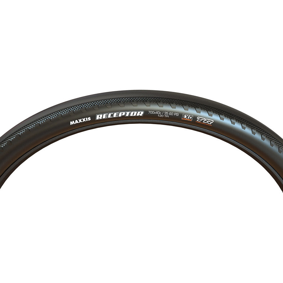 Maxxis, Receptor, Gravel Tire, 700x40C, Folding, Tubeless Ready, Dual, EXO, 120TPI, Black