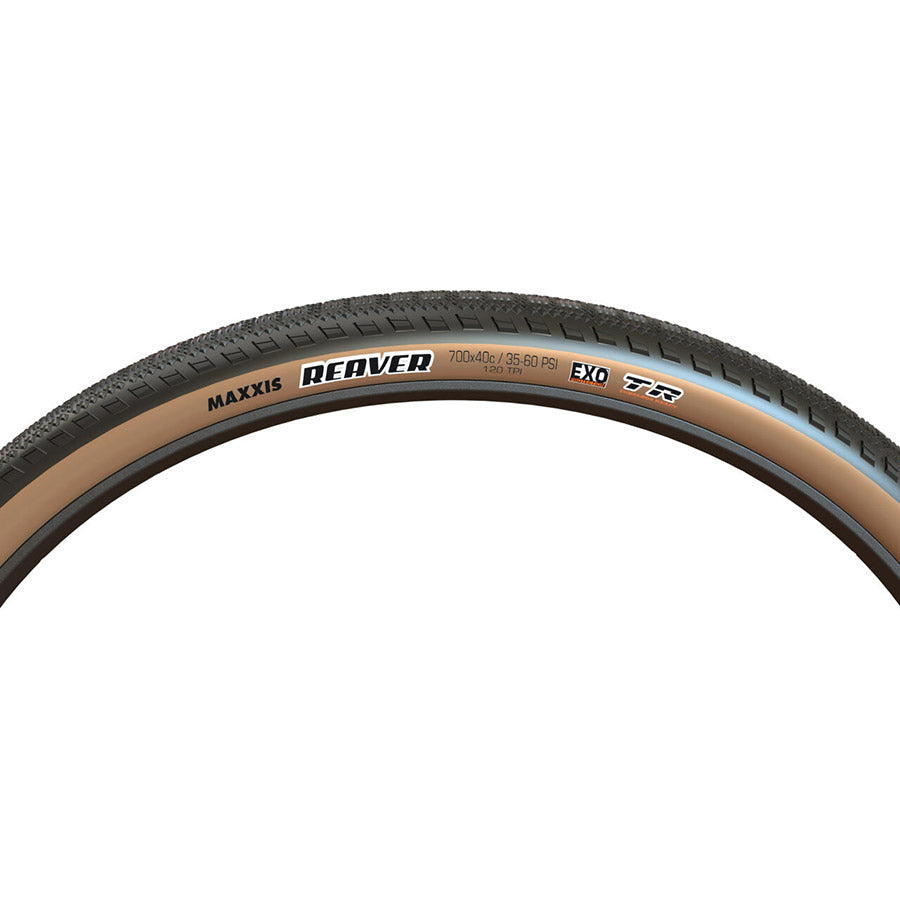 Maxxis, Reaver, Gravel Tire, 700x45C, Folding, Tubeless Ready, HYPR-X, EXO, 120TPI, Tanwall