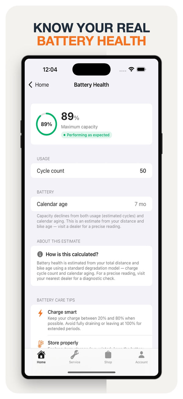 OHM Cycles app battery health screen