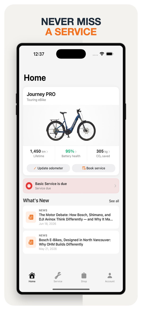 OHM Cycles app home screen showing a service due alert